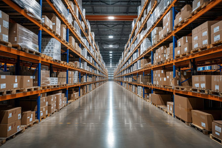 a warehouse with high shelves filled with boxes and products. Generative AI.の素材