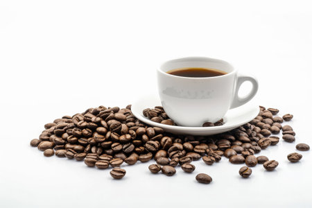 Hot coffee in white cup with coffee beans. white background. generate ai.の素材