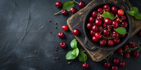 a lots of cherries on top of a wooden table next to a pile of other cherries.ai generative.