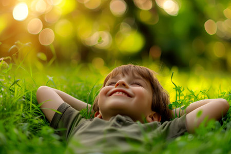 Cute a boy lying on green grass generated by AI.の素材