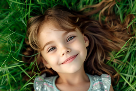 Cute a girl lying on green grass generated by AI.の素材
