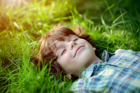 Cute a boy lying on green grass generated by AI.の素材