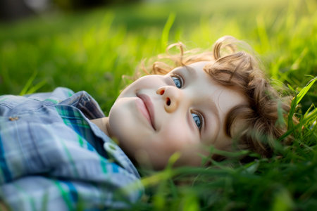 Cute a boy lying on green grass generated by AI.の素材