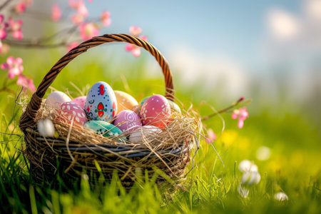 Colorful eggs Easter in a basket in spring sunny blooming cherry orchard. generative ai..の素材