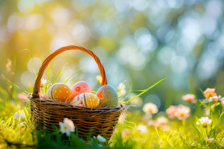 Colorful eggs Easter in a basket in spring sunny blooming cherry orchard. generative ai..の素材