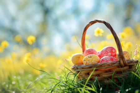 Colorful eggs Easter in a basket in spring sunny blooming cherry orchard. generative ai..の素材