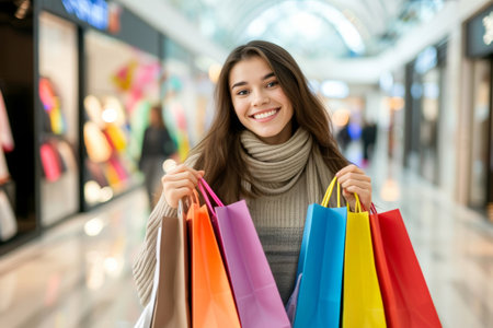 Smiling attractive young women shopping at shoes store, ai generated.の素材