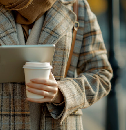 Businesswoman using smartphone and holding a cup of coffee standing at city background , AI generated..の素材