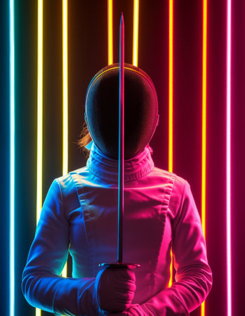 fence woman training in neon light background generative ai.の素材