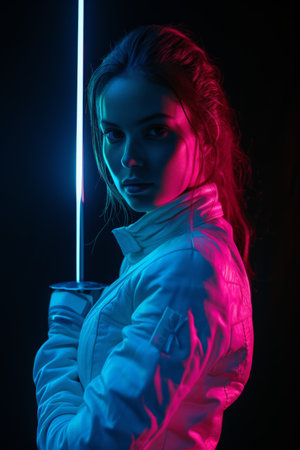 fence woman training in neon light background generative ai.の素材