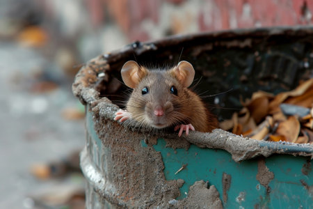 A rat peek out on a trash can in the city. Generative AI,.の素材