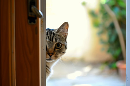 The kitten cat peeks out the door. AI generative..の素材