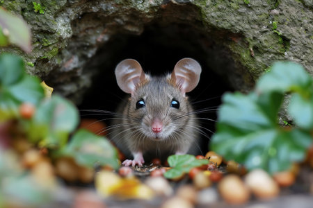 field mouse peeks out of an earthen hole. Generative AI.の素材