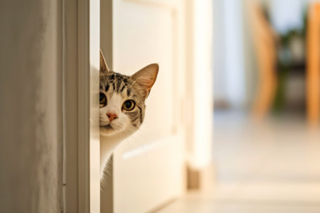 The kitten cat peeks out the door. AI generative..の素材