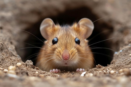 field mouse peeks out of an earthen hole. Generative AI.の素材