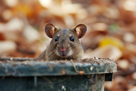 A rat peek out on a trash can in the city. Generative AI,.の素材