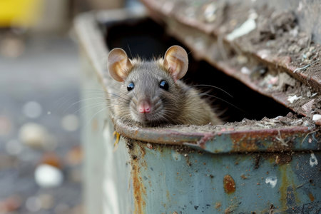 A rat peek out on a trash can in the city. Generative AI,.の素材
