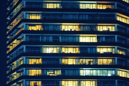 Modern Office with Night time Illumination and Shadows, business people working inside. AI generative.の素材