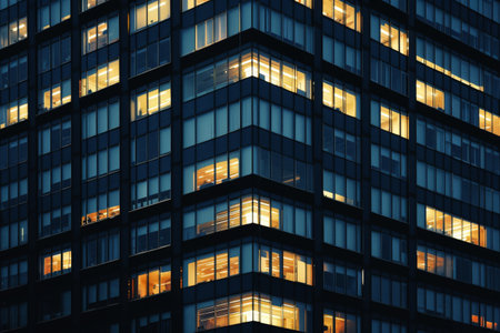 Modern Office with Night time Illumination and Shadows, business people working inside. AI generative.の素材