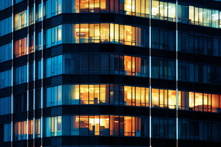 Modern Office with Night time Illumination and Shadows, business people working inside. AI generative.の素材