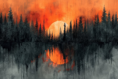 Mysterious midnight forest with a gradient of deep orange. AI generative.の素材