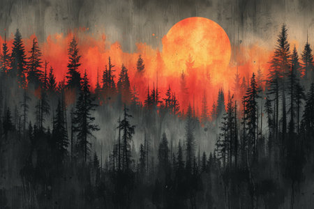 Mysterious midnight forest with a gradient of deep orange. AI generative.の素材