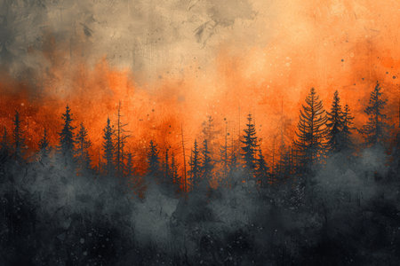 Mysterious midnight forest with a gradient of deep orange. AI generative.の素材