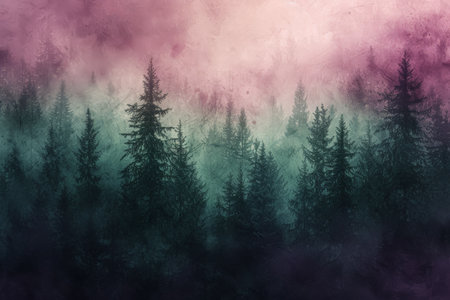 Mysterious midnight forest with a gradient of deep purple. AI generative.の素材