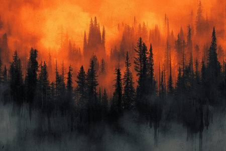Mysterious midnight forest with a gradient of deep orange. AI generative.の素材