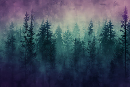 Mysterious midnight forest with a gradient of deep purple. AI generative.の素材