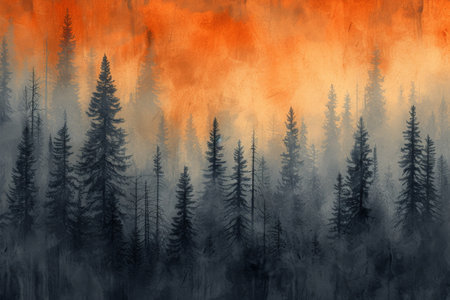 Mysterious midnight forest with a gradient of deep orange. AI generative.の素材