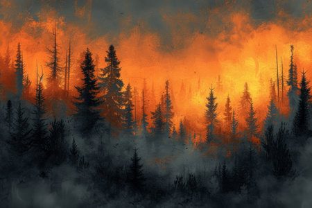Mysterious midnight forest with a gradient of deep orange. AI generative.の素材