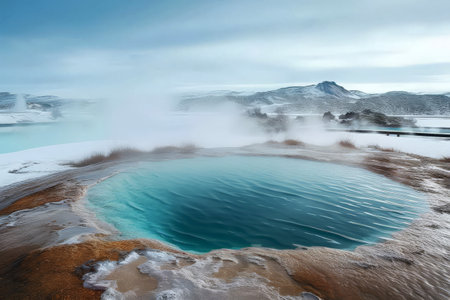 a hot thermal pool filled with hot spring water at an Icelandic geothermal spa for wellness for Young woman relaxing . Generative AI.の素材