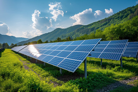 Solar energy panel photovoltaic cell and farm power generator in nature landscape, Generative AI.の素材