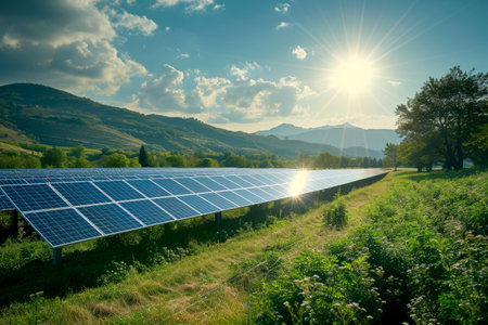 Solar energy panel photovoltaic cell and farm power generator in nature landscape, Generative AI.の素材
