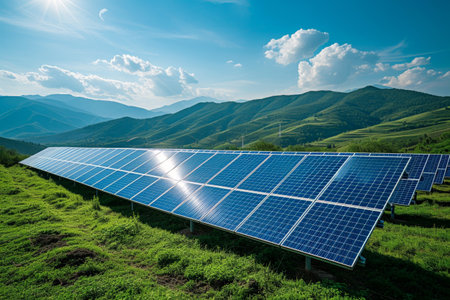Solar energy panel photovoltaic cell and farm power generator in nature landscape, Generative AI.の素材