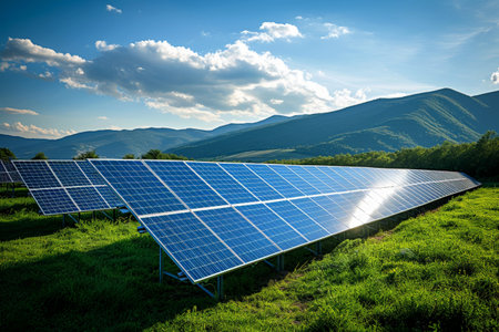 Solar energy panel photovoltaic cell and farm power generator in nature landscape, Generative AI.の素材