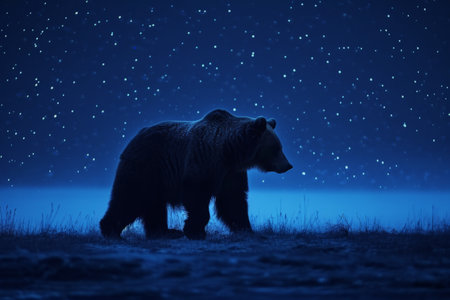 Brown bear on the background of the night sky with falling snow.の素材