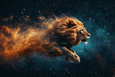 Lion with big mane flying in space. This is a 3d render illustrationの素材