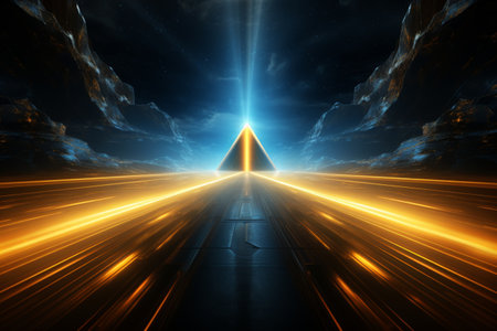 Black background with yellow and blue neon laser lines, futuristic style, with soft sunlight render. generative ai.の素材