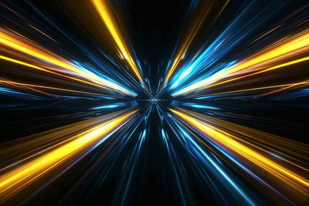 Black background with yellow and blue neon laser lines, futuristic style, with soft sunlight render. generative ai.の素材