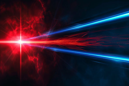 Black background with red and blue neon laser lines, futuristic style, with soft sunlight render. generative ai.の素材