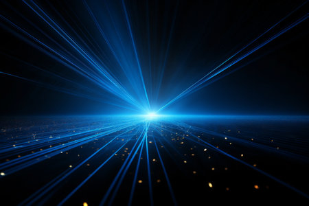 Black background with blue neon laser lines, futuristic style, with soft sunlight render. generative ai.の素材