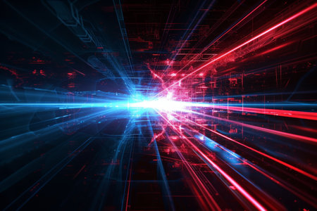 Black background with red and blue neon laser lines, futuristic style, with soft sunlight render. generative ai.の素材