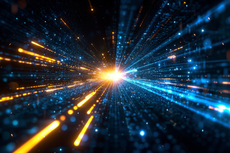 Black background with yellow and blue neon laser lines, futuristic style, with soft sunlight render. generative ai.の素材