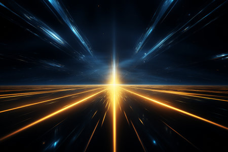 Black background with yellow and blue neon laser lines, futuristic style, with soft sunlight render. generative ai.の素材