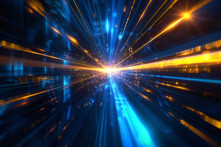 Black background with yellow and blue neon laser lines, futuristic style, with soft sunlight render. generative ai.の素材