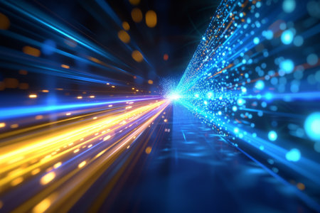 Black background with yellow and blue neon laser lines, futuristic style, with soft sunlight render. generative ai.の素材