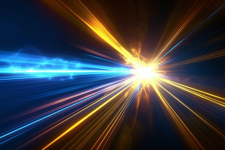 Black background with yellow and blue neon laser lines, futuristic style, with soft sunlight render. generative ai.の素材