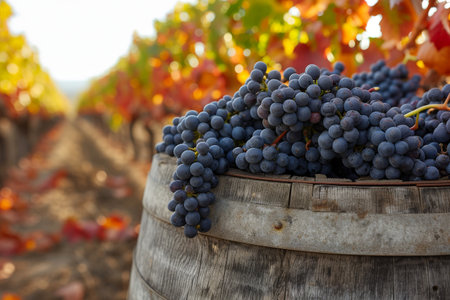 a bunch of grapes hanging from a vine in a vineyard. generative ai.の素材